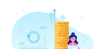 Woman on pile of money